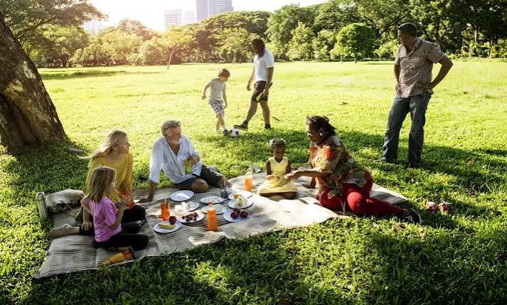 PART 1 - DESCRIBE

• Where are the people? 
• Who can you see in the picture? 
• What are the people doing? 
• What can you see on the blanket? 
• What are the children doing? 
• What is the weather like? 
• What other things can you see in the park?