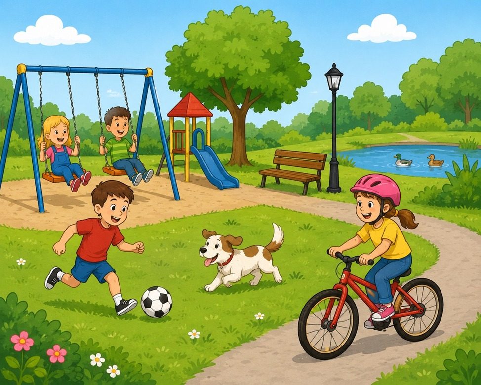 Then answer these questions:

• Where are the people?
• What are the children doing?
• What can you see?
• Try to use complete sentences.