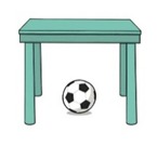 The ball is ___ the table.